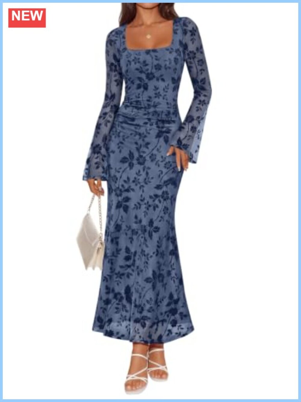 Mesh Floral Maxi Dress Sheer Bell Sleeve Square Neck Ruched Wedding Guest